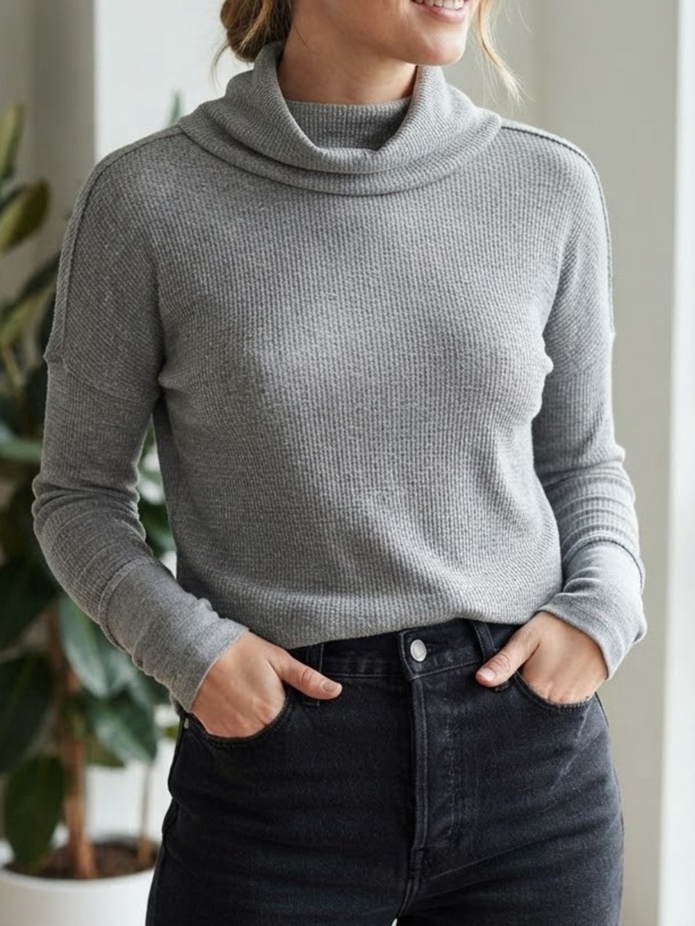 TNA Women's Light Gray Cowl Neck Ribbed Sweater